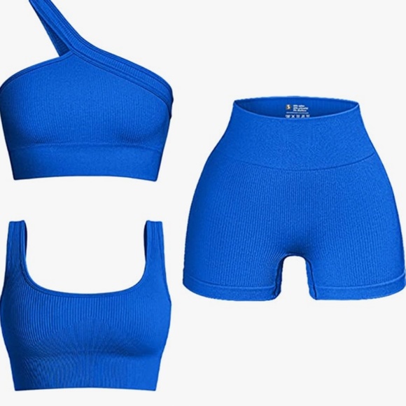 Women's 3 Piece Outfits Ribbed Seamless Exercise Scoop Neck Sports Bra One Shoul